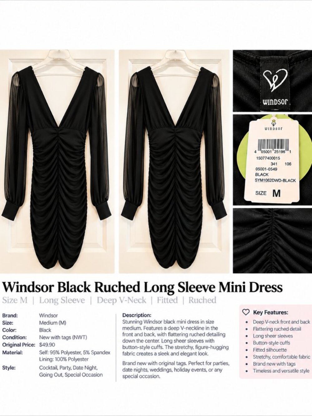 Windsor Black Ruched Long Sleeve Mini Dress Size M – NWT